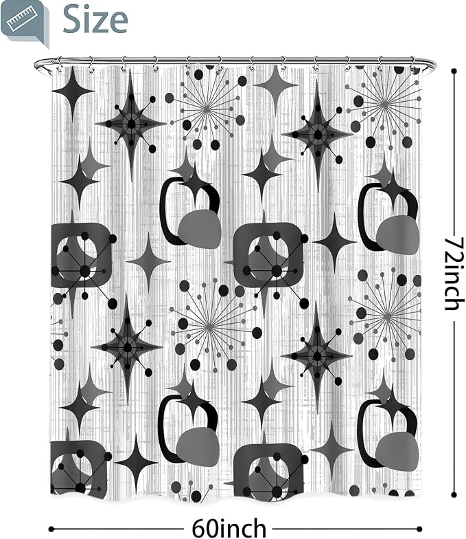 Mid Century Shower Curtain, 60x72inch, Modern Abstract Retro Grey Striped Geometric Shower Curtain Sets 1950s Boho Bathroom Shower Curtain with 10 Hooks