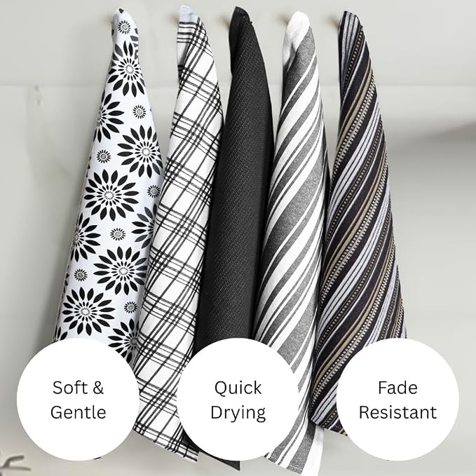 Assorted Kitchen Towels Set of 5-100% Cotton Dish Cloths Towels with Hanging Loop - Soft, Absorbent & Washable for Kitchen Use - Quick Drying Dish Towels 16x26 Inch Black