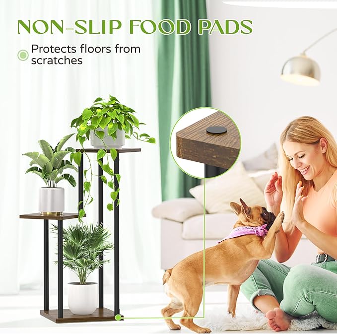 Oppro 3 Tier Plant Stand Indoor Outdoor, Wood Metal Flower Shelf Pot Holder Clearance, Tall Multiple Plants Corner Rack Aesthetic Organizer for Patio Orchid Office Porch Living Room Garden, Black Oak