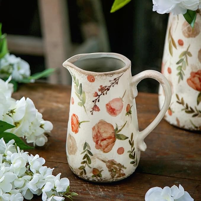 Vintage Fruit and Floral Ceramic Vase with Handle, Retro Ice Glazed Crack Farmhouse Pitcher Vase for Home Decor, Living Room, Shelf, Office, Rustic Table Centerpiece 7 Inch