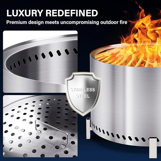 HGD 28" Smokeless Firepit with Stand & Grill Rack, Large Stainless Steel Wood Burning Fire Pit for Friends & Family Gatherings, Secondary Combustion Outdoor Patio Stove for Garden BBQ & Bonfire