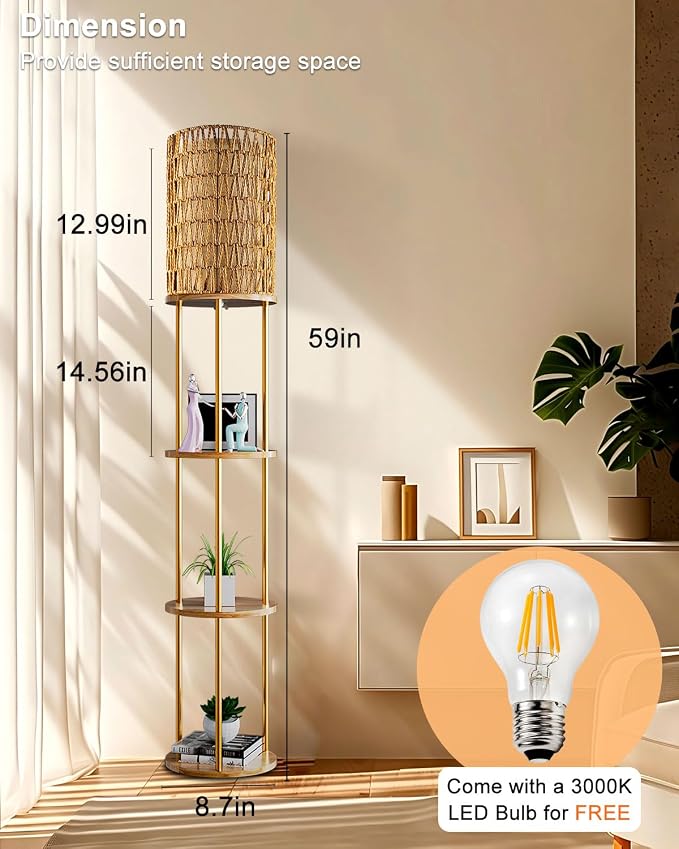 Lightdot 61" Rattan Floor Lamp with Shelves, 3-Tier Storage Shelves with 3000K Bulb Included, Solid Wood Design, Corner Bookshelf Floor Lamps for Living Room/Sofa Beside/Corner Decor-Gold