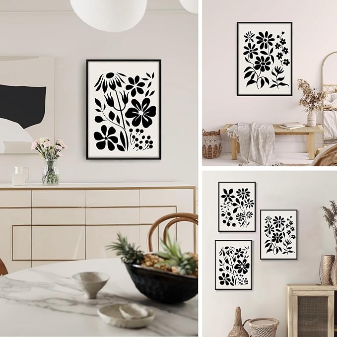 SERIMINO Black and White Wall Art Framed Bedroom Decor Aesthetic, Botanical Floral Canvas Wall Art for Living Room Boho, Set of 3 Flower Market Prints Farmhouse Wall Decor,20 x28 inch