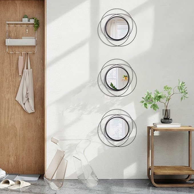 Black 3 Pcs Decorative Wall Mirror Circle Modern Mirror Round Art Ring Metal Mirrors Wall Decor Wall Mounted Mirror for Living Room Bedroom Dining Room Hallway Entryway 12"