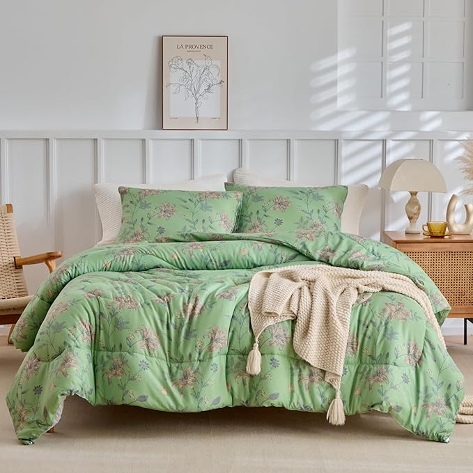 VM VOUGEMARKET Garden Flower Comforter Set King Green Floral Bedding Comfortet Set Soft Microfiber Bedding Set 1 Comforter and 2 Pillowcases Chic Botanical Comforter Set for Girls Women