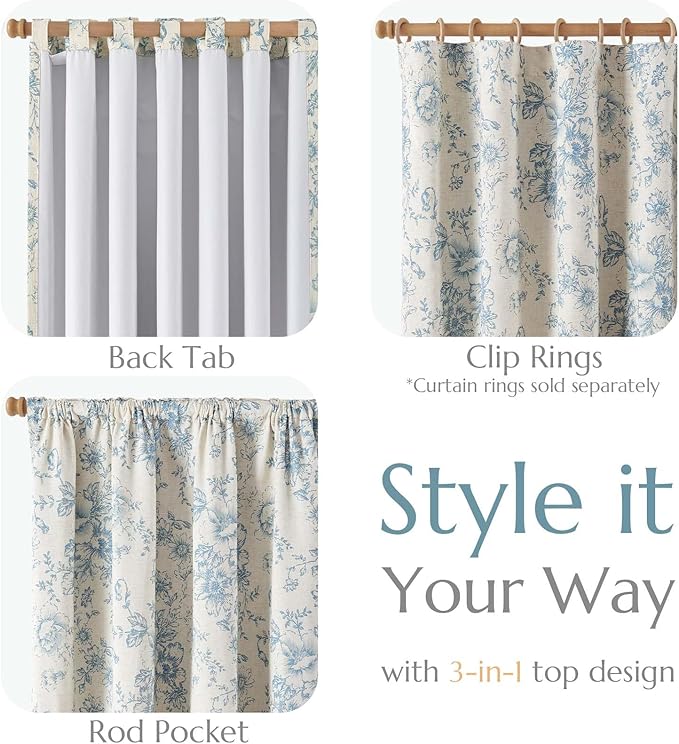 jinchan Blackout Linen Blend Curtain Floral Blackout Curtains for Living Room 84 Inch Length Blue Printed with Lined Blackout Curtain for Bedroom Farmhouse Curtains Set 2 Panels