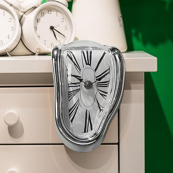 Melting Shelf Clock Art Decor - Salvador Dali Surreal Dripping, 8x4 in Bright Silver Polished Shelf & Desk Gift
