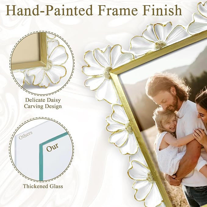 5x7 Vintage Flower Picture Frame, Ornate Antique Photo Frame with Glass Front, Elegant Picture Frame for for Wall or Tabletop Display, Gift ldeas for Home Decor (White Gold)