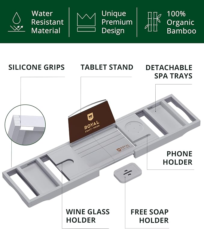 ROYAL CRAFT WOOD Premium Foldable Bathtub Tray Caddy - Wood Bath Tray for Tub, Bamboo Shelf, Expandable Bath Table Trays, Bathtub & Bathroom Accessories for New Home & Mothers, Birthday Gifts for Mom