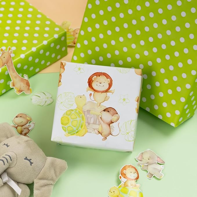 Homeral Baby Shower Jumbo Wrapping Paper Roll - Neutral Cute Safari Animals & Polka Dot Pattern, Reversible Green Newborn Gift Wrap for Baby Shower, 1st Birthday, Party - 30 Inch x 100 Feet