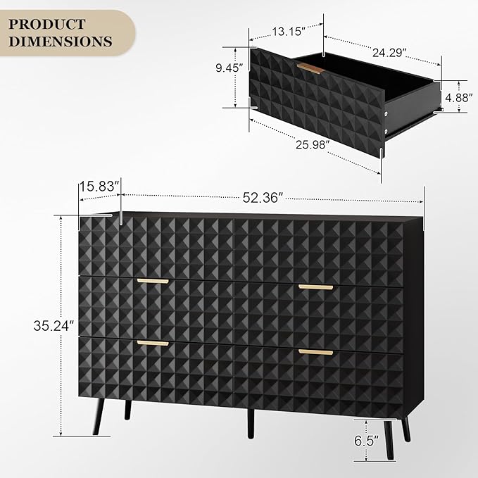 6 Drawers Dresser,Dresser for Bedroom,Chest of Drawers with Diamond-Shaped,TV Stand for Living Room
