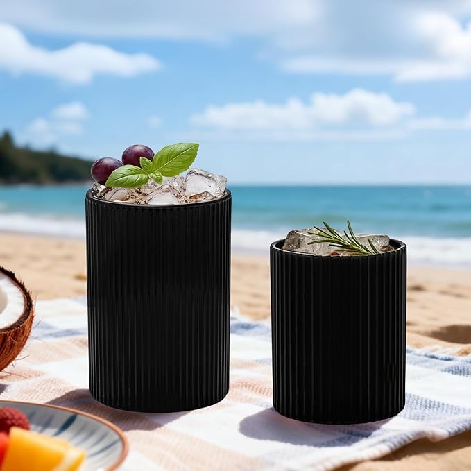 14 oz & 18 oz Ribbed Drinking Glasses Set of 12, Vintage Iced Coffee Cups Elegant Glassware, Highball Glass Cups Ridged Glass Tumbler for Cocktail, Whiskey, Beer, Water, Juice, Origami Style Black