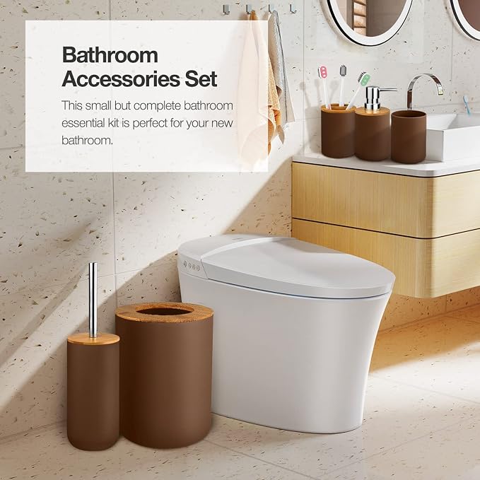 6 Pcs Bamboo and Plastic Bathroom Accessories Sets, Includes Toothbrush Cup, Toothbrush Holder, Soap Dispenser, Soap Dish, Toilet Brush with Holder, Trash Can, with 3 Pcs Toothbrushes (Brown)
