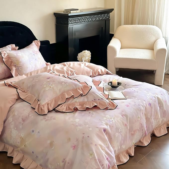 HighBuy Pink Ruffle Duvet Cover Set King Chic Brushed Cotton Floral Bedding Set,Vintage Ruffled Super Soft Comforter Cover,Comfortable Chic Lightweight - 1 Duvet Cover with 2 Pillowcase
