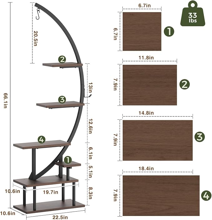 GREENSTELL Plant Stand Indoor with Grow Light, 7-Tiered Tall Metal Plant Stand for Indoor Plants, Half-Moon Shape Display Shelf for Home,Living Room, Patio, Dark Brown (1 Pack)