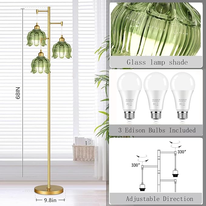 ZECOXOL Vintage Floor Lamps for Living Room Bedroom-3 Light Glass Floor Lamp with Three Led Bulb, Modern Mid Century Standing Lamp Brass Tall Lamp Gold Tree Floor Lamp for Bedroom Corner