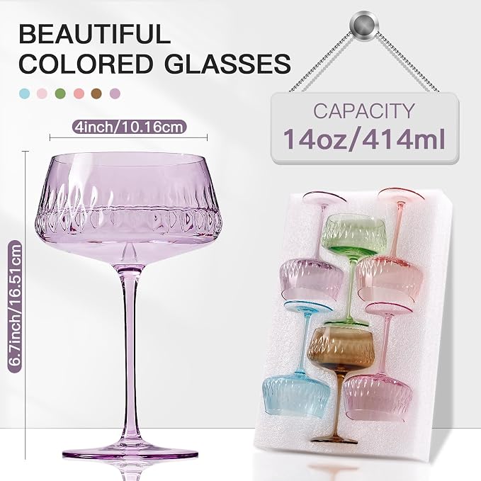 JOVGANK Colored Martini Glasses Set of 6 - Hand Blown Colorful Cocktail Glass 14Oz, Vintage Champagne Coupe, Large Margarita, Crystal Retro Style Bar Drinking Glass - Mixed Color