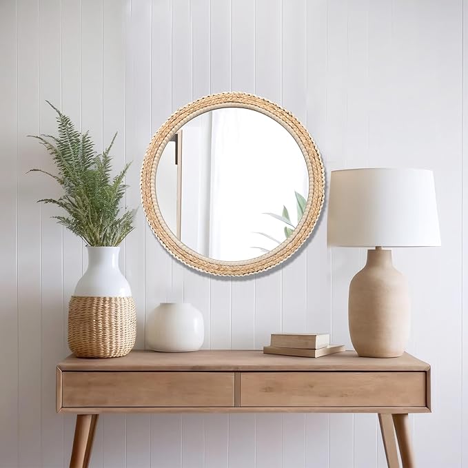 FUIN 24" Rattan and Wood Round Mirror for Boho Bathroom, Entryway, Living Room Decor