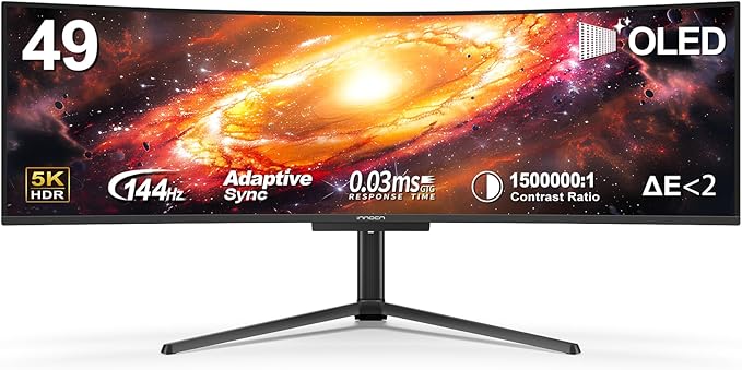 INNOCN 49" OLED Ultrawide Curved Monitor 5K2K 5120 x 1440p 144Hz, 0.03ms, AI PC Computer Monitor, USB Type C 90W, HDMI 2.1, DisplayPort, USB Hub, Speakers, Adaptive-Sync, Adjustable Stand, Black
