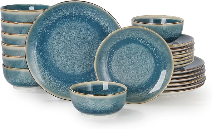 Sweejar 24 Piece Dinnerware Sets for 8, Porcelain Plates and Bowls Set for Kitchen, Housewaring Gift, Chip and Scratch Resistant, Easy Cleaning Dishes Set, Stack Compactly Dishware, Blue