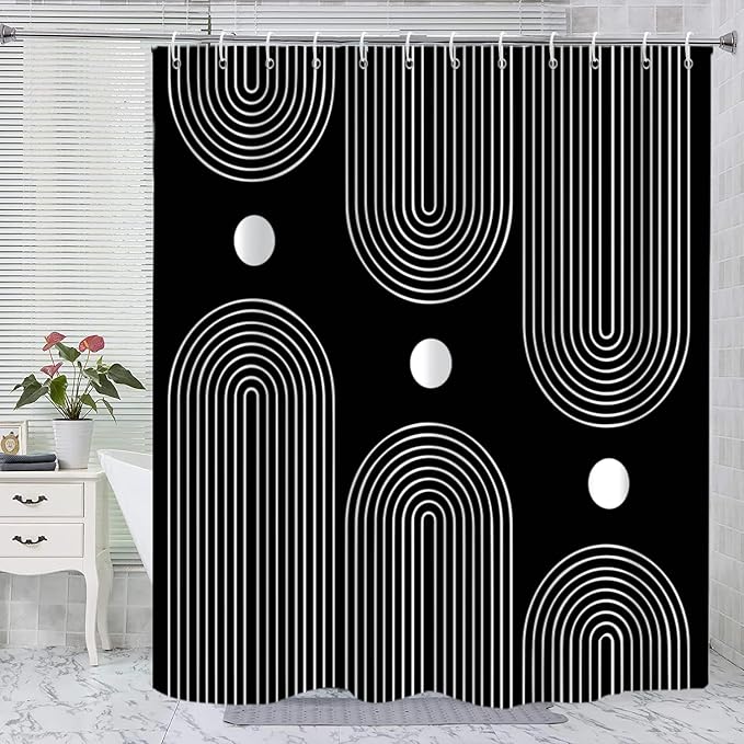 Black and White Extra Long Shower Curtain, Boho Minimalist Mid Century Modern Arch Geometric Machine Washable Waterproof Fabric for Bathroom Bathtub Decor with Hooks 72Wx78H