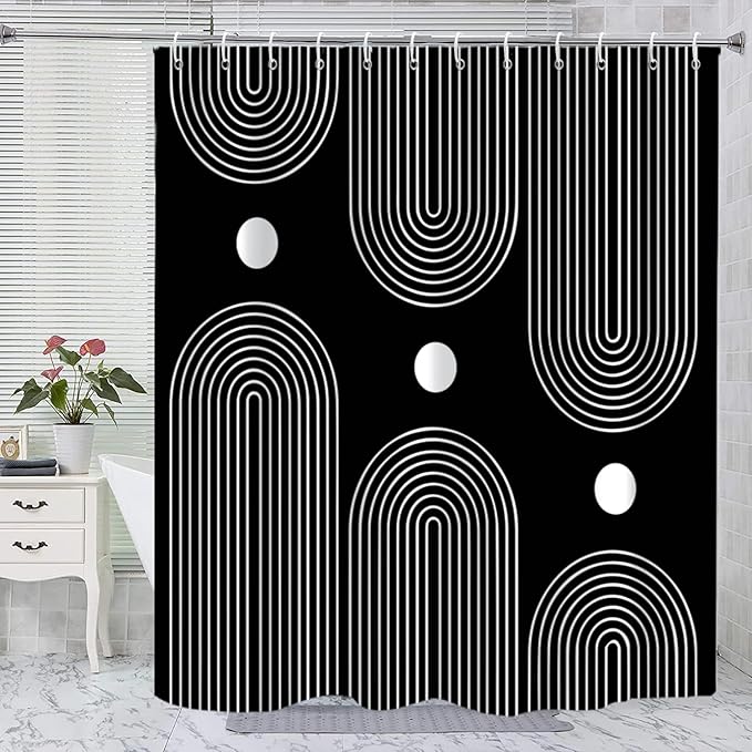 Black and White Extra Long Shower Curtain, Boho Minimalist Mid Century Modern Arch Geometric Machine Washable Waterproof Fabric for Bathroom Bathtub Decor with Hooks 72Wx84H