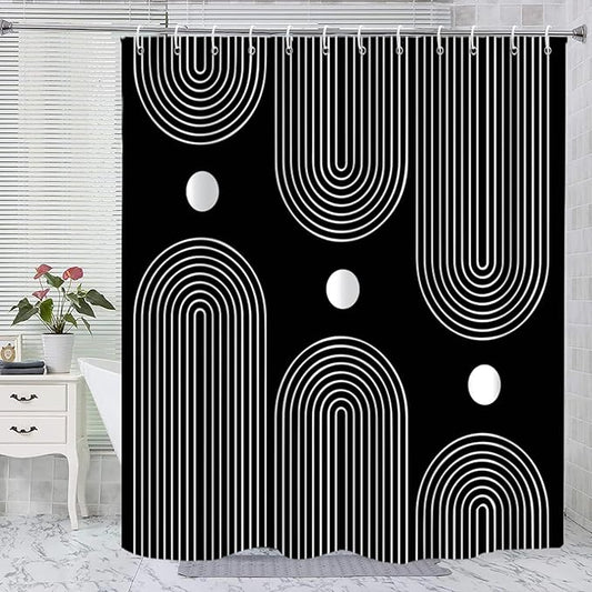 Black and White Extra Long Shower Curtain, Boho Minimalist Mid Century Modern Arch Geometric Machine Washable Waterproof Fabric for Bathroom Bathtub Decor with Hooks 72Wx84H