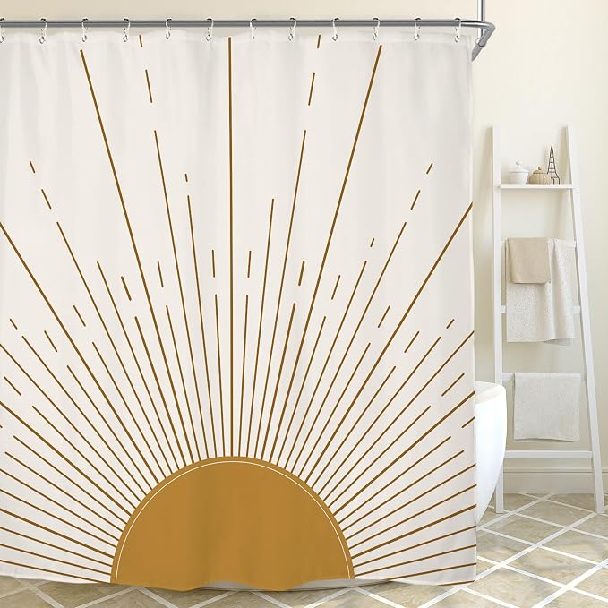 Miyotaa Abstract Sun Shower Curtain Set 71Wx71H Inches Modern Minimalist Mid Century Aesthetic Mustard Yellow Sunburst Sunrise Simple Polyester Waterproof Cloth Bathroom Curtain with 12 Hooks