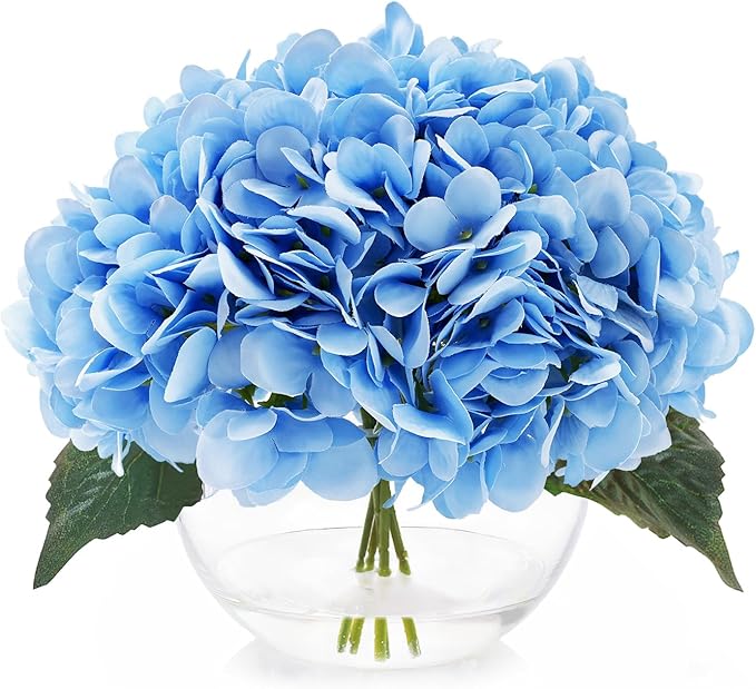 Hydrangea Fake Flowers in Vase, Silk Flowers in Vase with Faux Water for Home Decor Indoor (Blue)