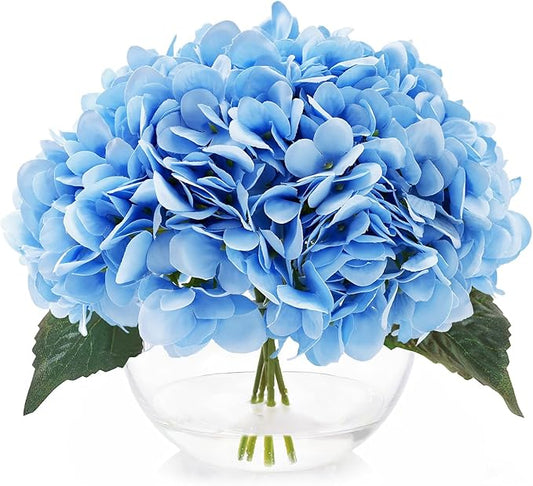 Hydrangea Fake Flowers in Vase, Silk Flowers in Vase with Faux Water for Home Decor Indoor (Blue)