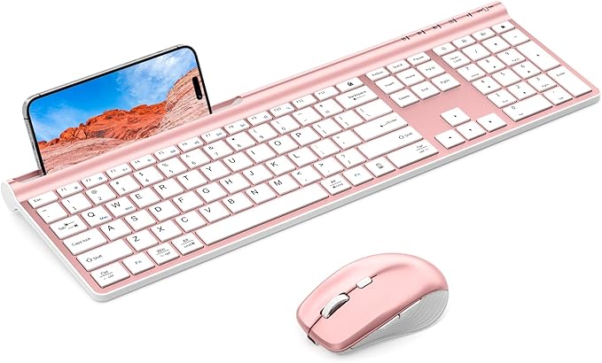 Samsers Wireless Keyboard and Mouse Combo Ultra Slim Rechargeable Dual-Mode (Bluetooth 5.0x2 +2.4G) Silent Keyboard and Mouse Set, Multi-Device Full-Size Design for MacOS/iOS/Android/Windows - Pink