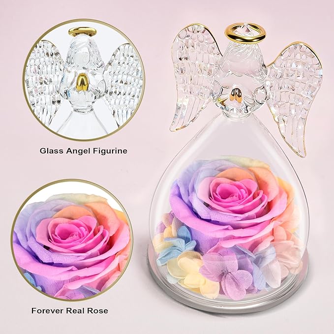Yamonic Mom for Mom Grandma, Angel Figurines with Real Rose Birthday Gifts for Moms Women, Preserved Rose Flower Angel Figurines for Mothers Day Valentine's Day Gifts for Her(Rainbow)
