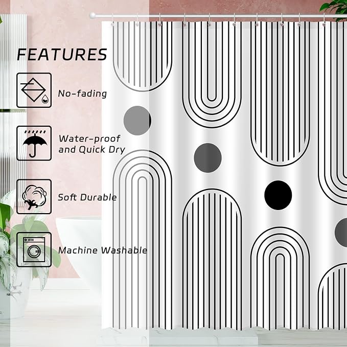 JWXCBIM Boho Mid Century Shower Curtain Set, Modern Minimalist Arch Lines Sun Abstract Aesthetics Bathroom Decor, Waterproof Fabric White Bohemian Bath Curtain with 12 Hooks 72x72 inches