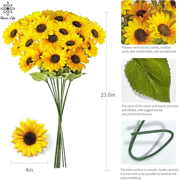 Artificial Sunflowers 23.6in 10 Bundles Total 30 Heads Fake Flowers Bouquet,Realistic Silk Artificial Yellow Sunflowers for Wedding Home Office Parties Summer Decoration