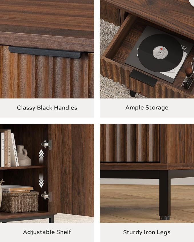47" Fluted Executive Desk, Modern Wood Home Office Desk with Charging Station, Drawer & Cabinet, Computer Writing Desk for Work Study, Brown