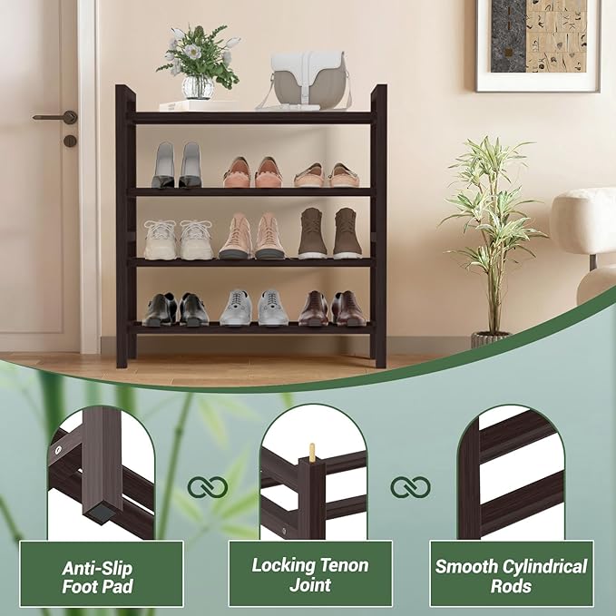 Haddockway Bamboo Shoe Rack for Closet, Free Standing Shoe Organizer with Smooth Round Rods & Convenient Handles, Stackable Shoe Storage Shelf for Entryway, Hallway(Brown, 4-Tier(Small))