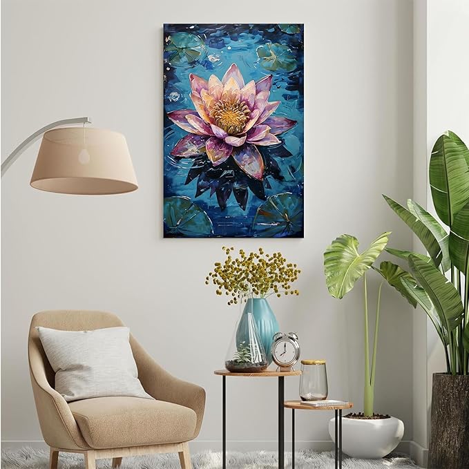 Gorgeous pink and purple water lilies on deep blue water Eye-catching oil painting Serene aquatic wall art for modern home decor 16x24in Frameless