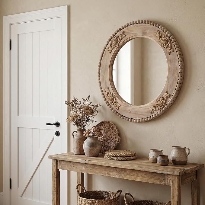 H HOMEWINS Rustic Round Mirror, 24" Wooden Circle Farmhouse Wall-Mounted Nature Beads Decor Mirror for Bedroom, Bathroom, Living Room,Vanity