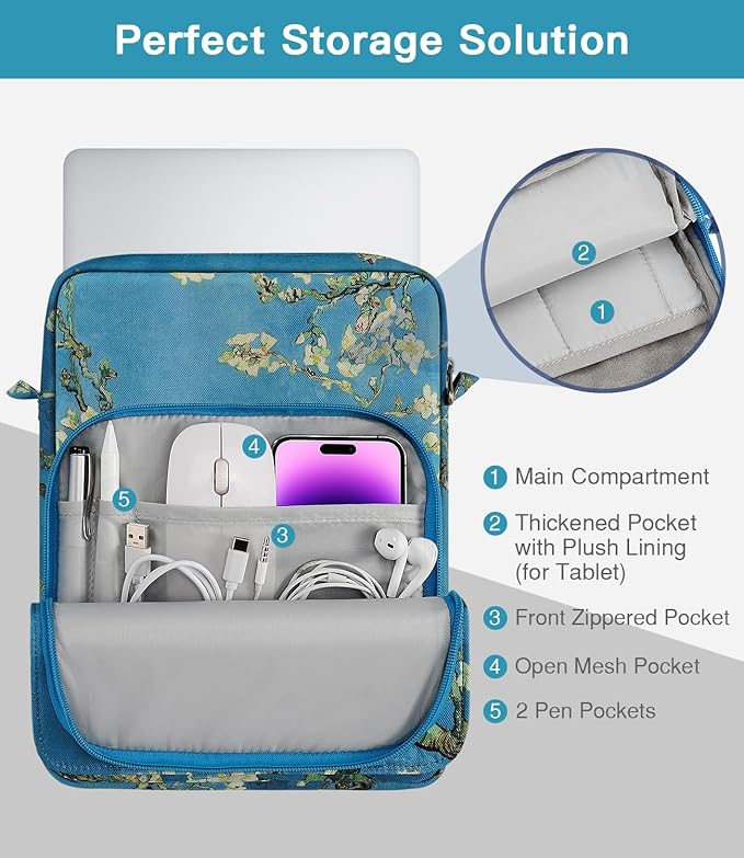 MoKo 13.3-14 Inch Laptop Sleeve Bag Fits MacBook Pro M3/M2 14" 2023, MacBook Pro 13" M2, Air 13.6 M3/M2,Tab S8 Ultra 14.6,Handle Carrying Case with Shoulder Strap, Apricot Flower