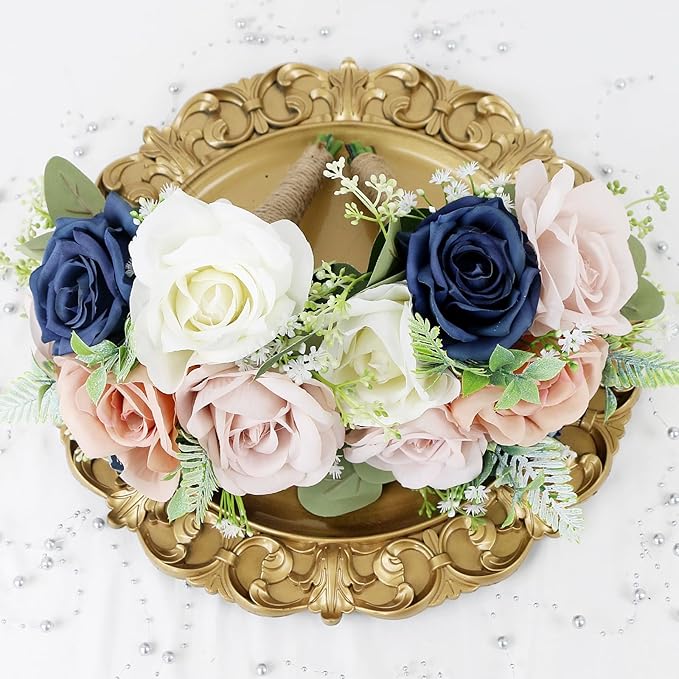 Set of 4 Bridesmaid Bouquets for Wedding - 7 Inch Artificial Flowers Bouquets for Ceremony Anniversary Centerpieces Decorations - Navy & Dusty