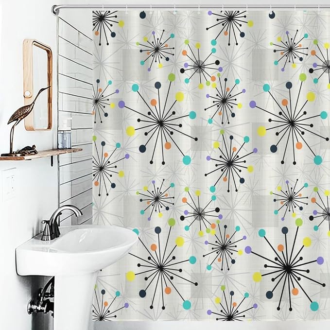 Mid Century Modern Shower Curtain,Retro Abstract Atomic Starburst Geometric Diamond Pattern Shower Curtains Set for Bathroom Fabric Decorative Bath Curtain Washable Curtain Hooks, 72x72”