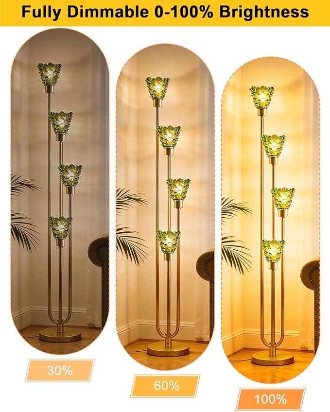 Lightdot Glass Floor Lamp Dimmable 4-Lights Gold with Green Glass Shade 3000K Bulbs Included Mid Century Modern Standing Tall Lamp with 5Lbs Heavy Base for Living Room/Bedroom/Sofa Beside/Corner Decor