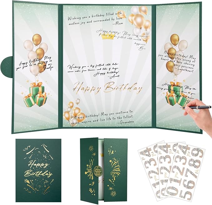 Green Gold Birthday Party Decorations,18" x 12" Creative Birthday Decorations Guest Sign in Book Alternative, for Men and Women of All Ages, Happy Birthday Party Supplies
