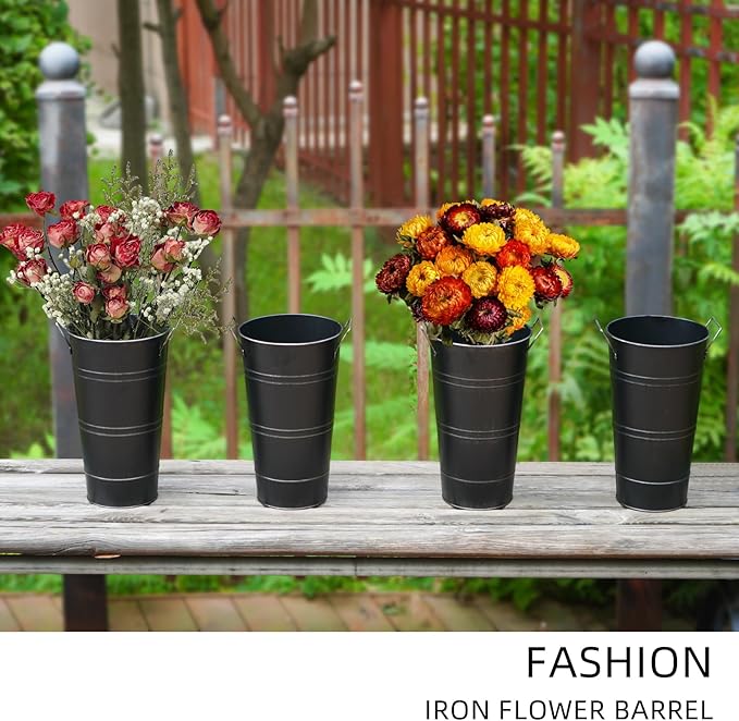 Notakia 10.62 Inch Galvanized Metal Vases Farmhouse French Flower Bucket Vases for Cut Flowers for Home Decor and Wedding Table Centerpiece Decorations (Medium Size Black 8Pcs)