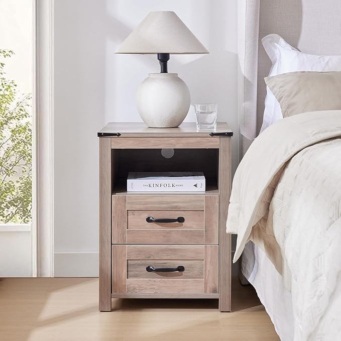 Farmhouse Night Stand, Rustic Sierra Nightstand for Bedroom, End Tables Without Charging Station, Bedside Table with Drawers, Wood Bedside Cabinet Dresser