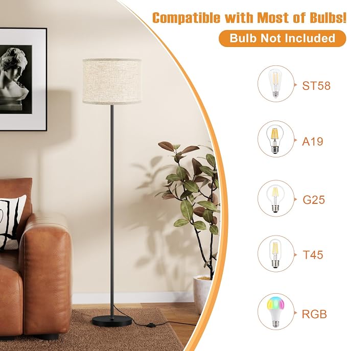 Ambimall 60'' Modern Floor Lamp Set of 2, 2PK Tall Lamps for Living Room Bedroom, Beige Shade with Black Pole(Without Bulb)