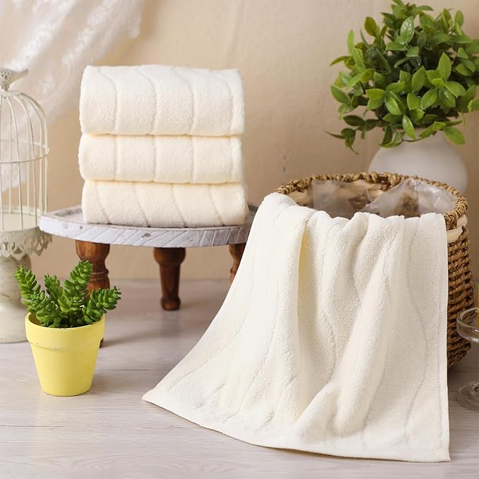 VitalCozy 4 Pcs Cream Color Hand Towels for Bathroom Wavy Striped Jacquard Decorative Towels 14x29 Inch 100% Cotton Soft Absorbent Boho Bathroom Decor for Kitchen Gift for Festival
