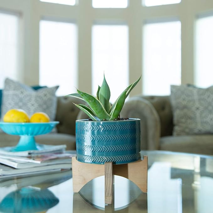 Flora Bunda 5 Inch Arrow Ceramic Planter on Wood Stand Mid Century,Glass Teal 5"