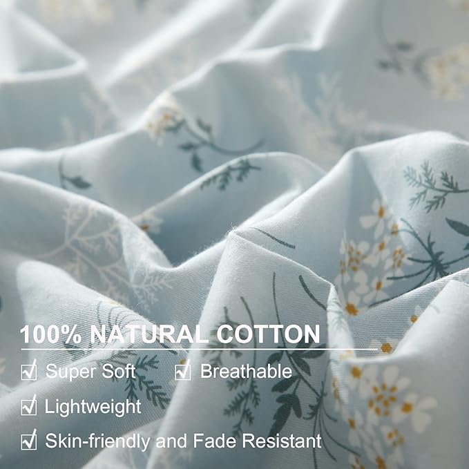 EAVD Boho Floral Duvet Cover King Soft Cotton Floral Blue Duvet Cover with 2 Pillowcases Chic Shabby Garden Flower Bedding Set Reversible Garden Floral Comforter Cover with Zipper Closure
