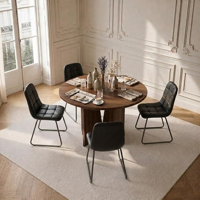 HIPIHOM Modern Round Dining Table Set for 4, 39.4" Walnut Kitchen Table with 4 PU Leather Chairs, 5-Piece Mid-Century Dining Room Set for Small Spaces, Pedestal Base